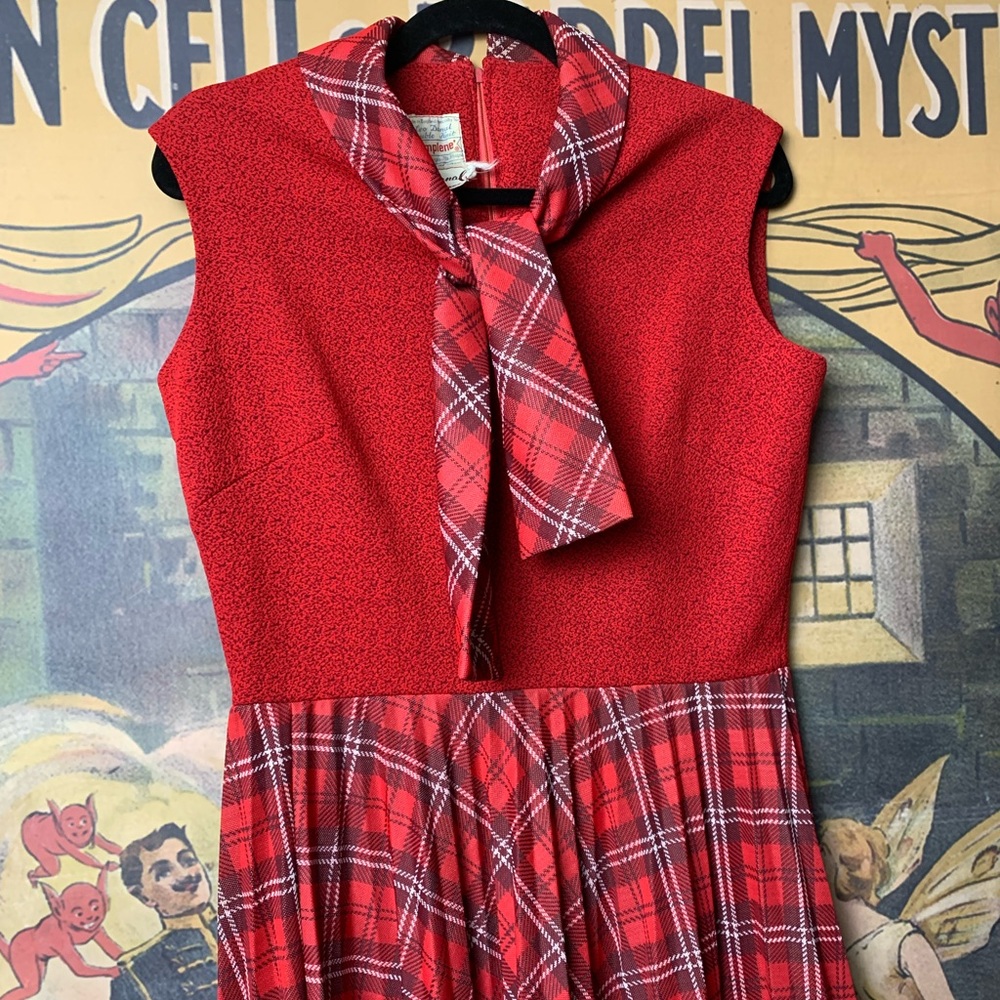 Vintage Red Plaid Pleated Crimplene Dress